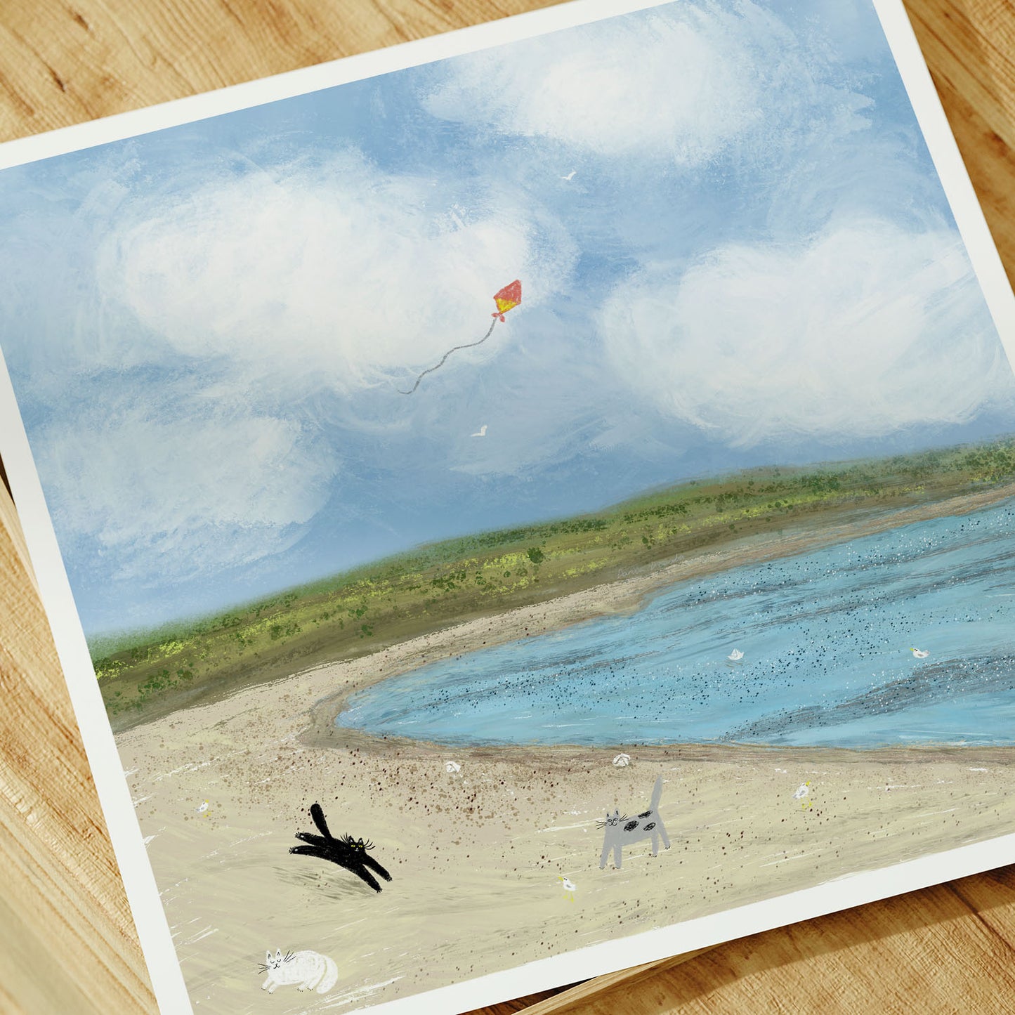 Cats Flying a Kite At a Beach Unframed Art Print