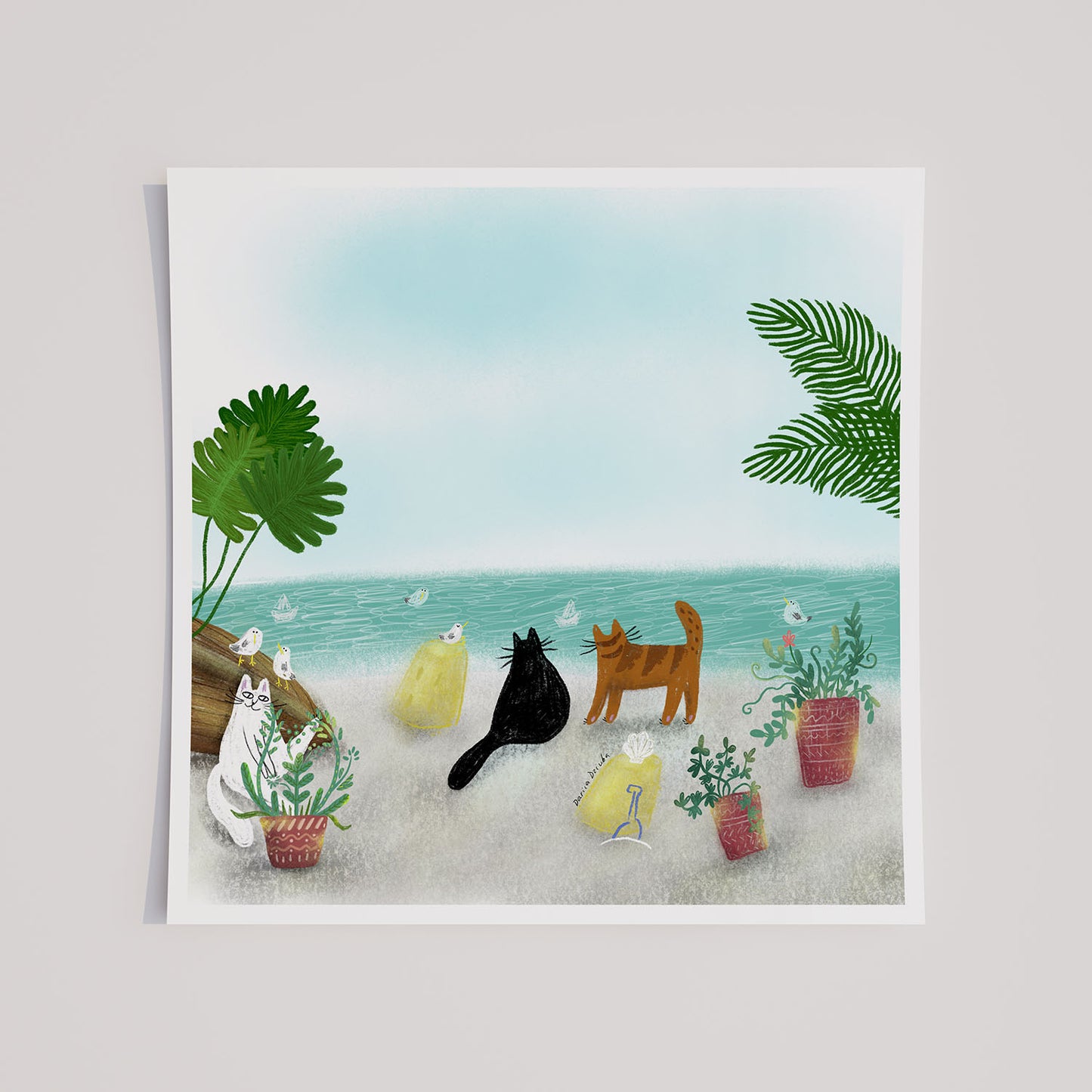 Cats At a White Sand Beach Unframed Art Print