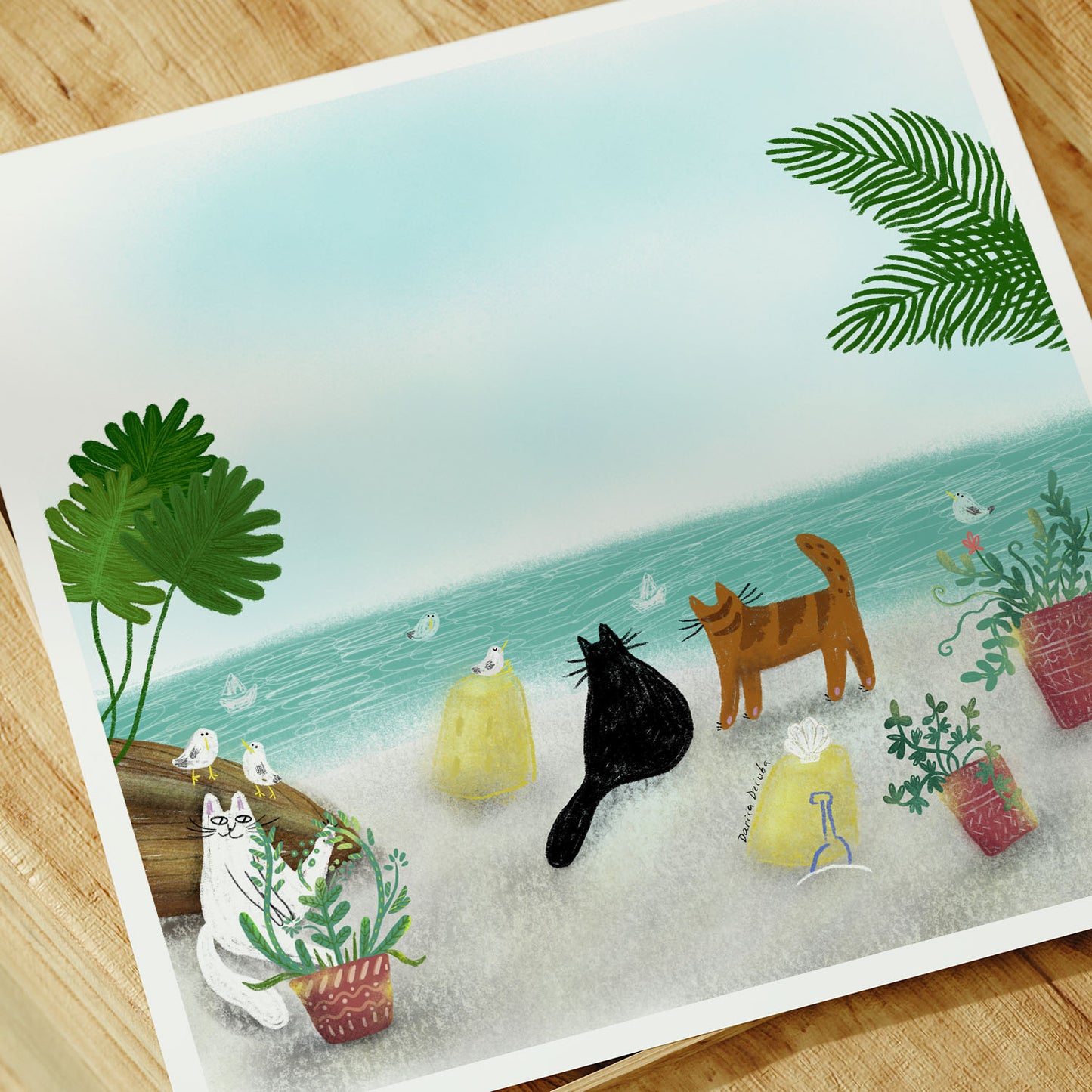 Cats At a White Sand Beach Unframed Art Print