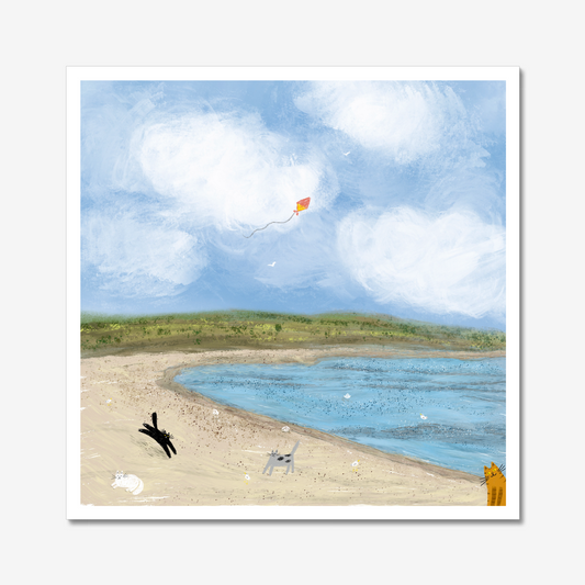 Cats Flying a Kite At a Beach Unframed Art Print