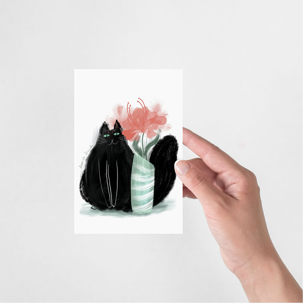 Whisker Wonderland Greeting Card – Black Cat with Vase – 4”x6” (10.2cm x 15.2cm) – Purrfect for Cat Lovers!