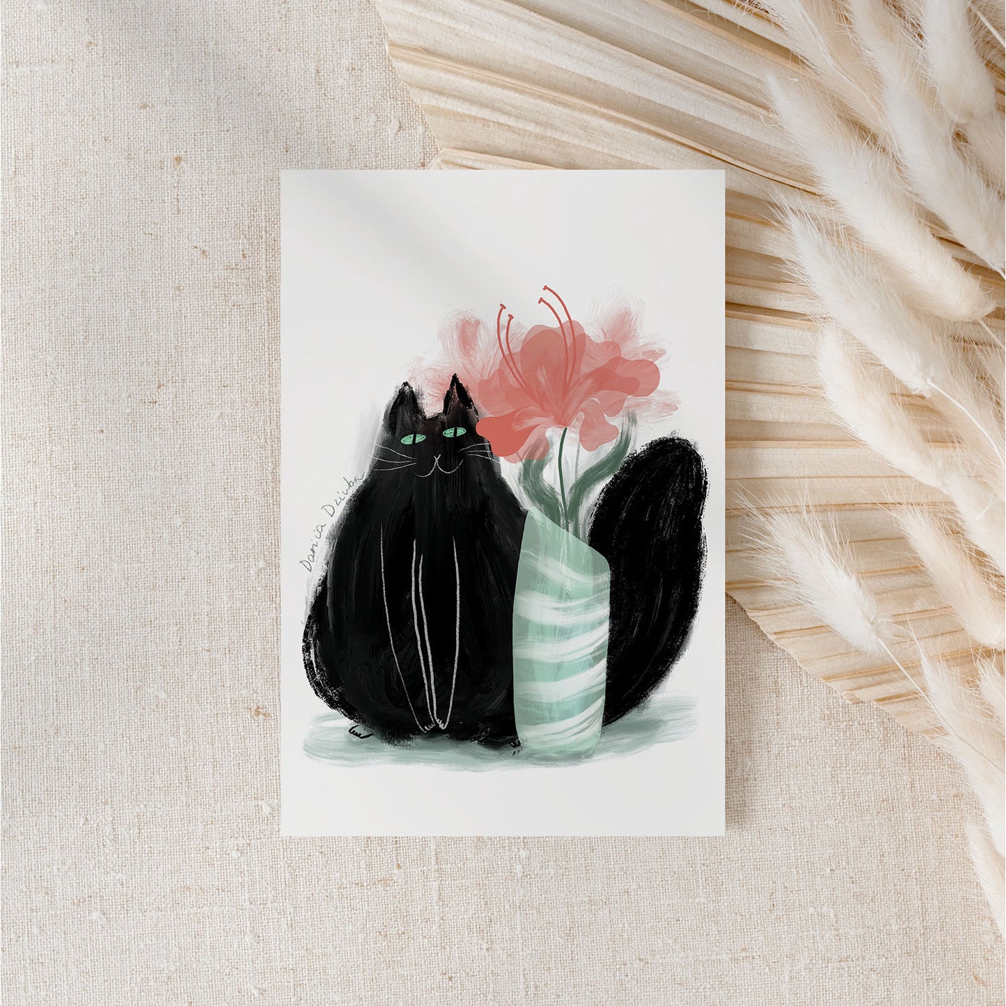 Whisker Wonderland Greeting Card – Black Cat with Vase – 4”x6” (10.2cm x 15.2cm) – Purrfect for Cat Lovers!