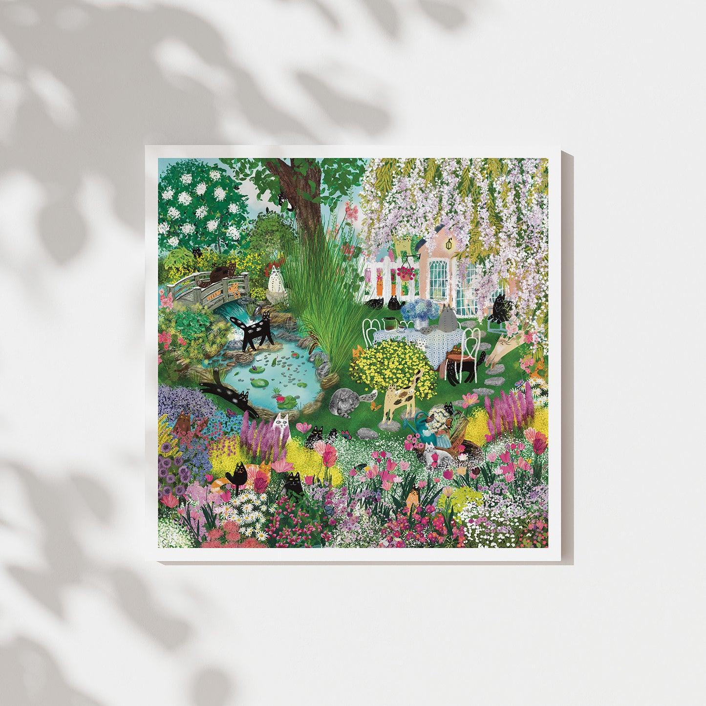 Cats in Blooming Garden Unframed Art Print