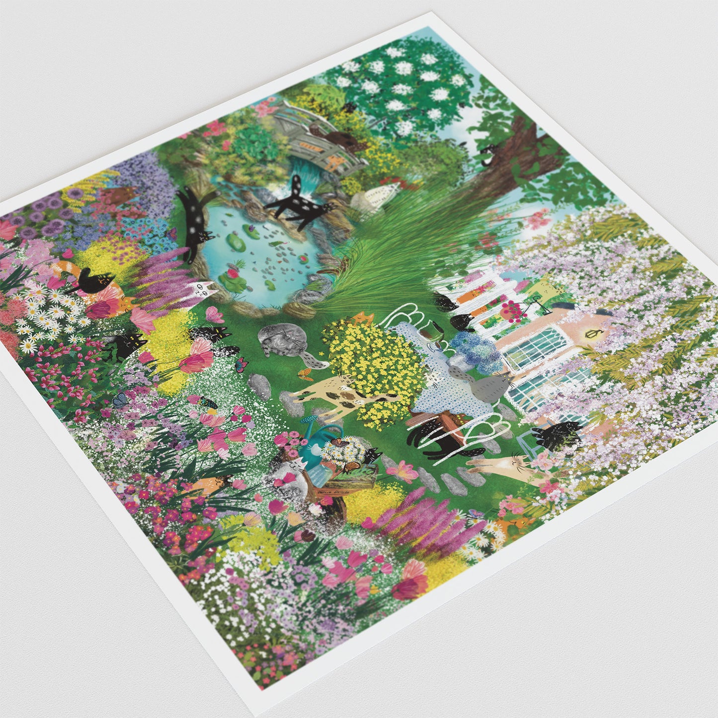 Cats in Blooming Garden Unframed Art Print