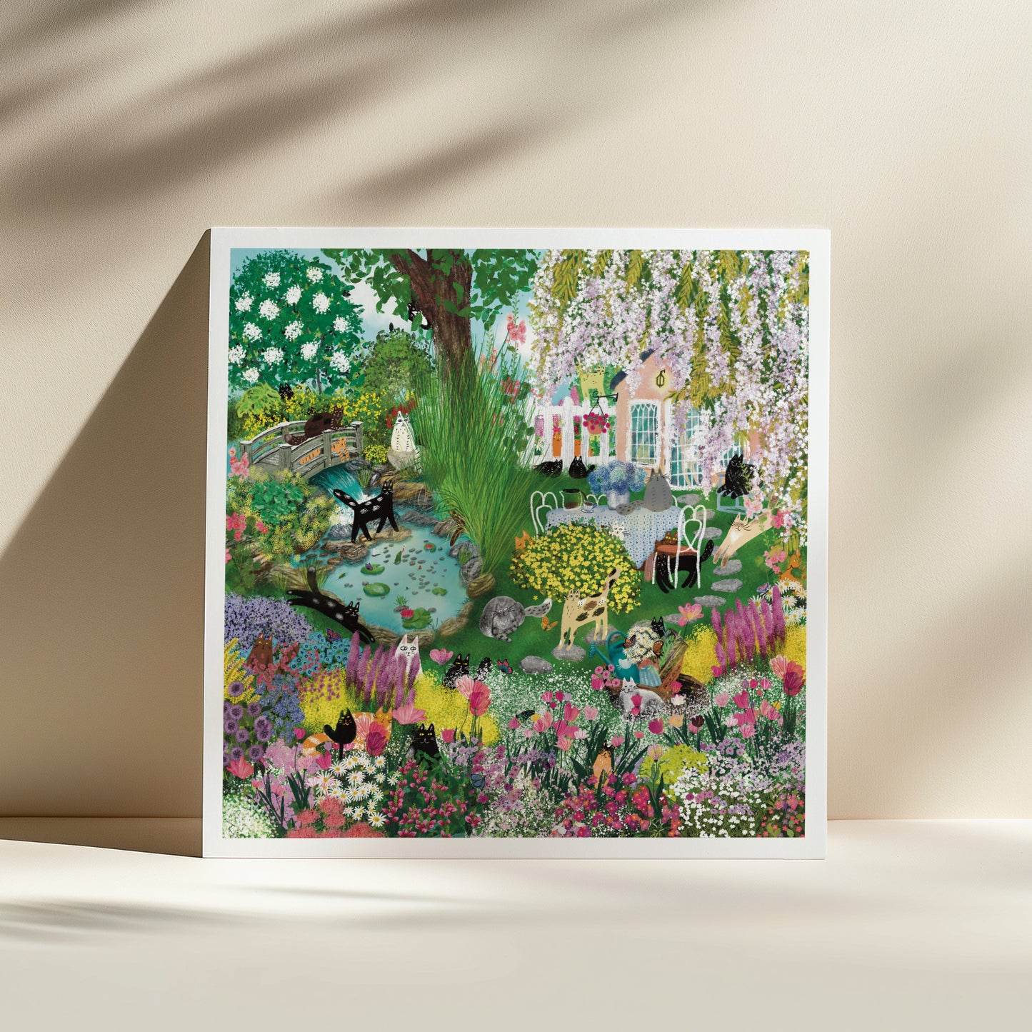 Cats in Blooming Garden Unframed Art Print