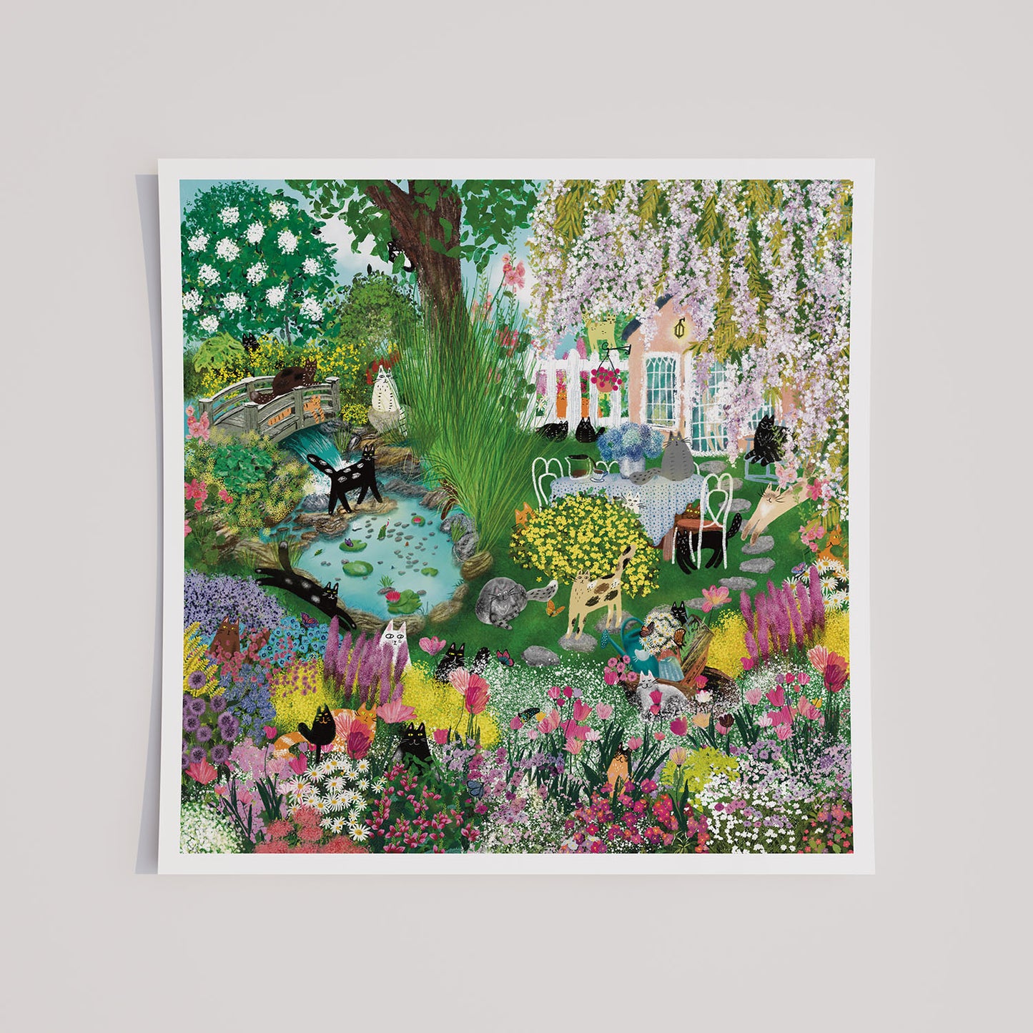 Cats in Blooming Garden Unframed Art Print