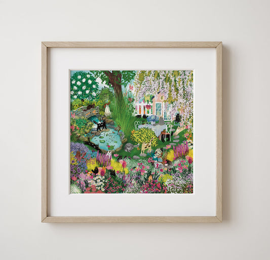 Cats in Garden with Flowers Print/ Pond/ Bridge/ Trees/ Butterflies/ Cat Lover Gift/ Nature Decor/ Floral Cat Art Print/ Garden with Flowers