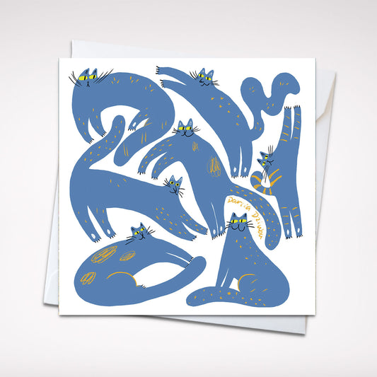 Midnight Mischief - Whimsical Blue Cats Greeting Card, 5x5" (12.7x12.7 cm) - Greeting Card for Any Occasion