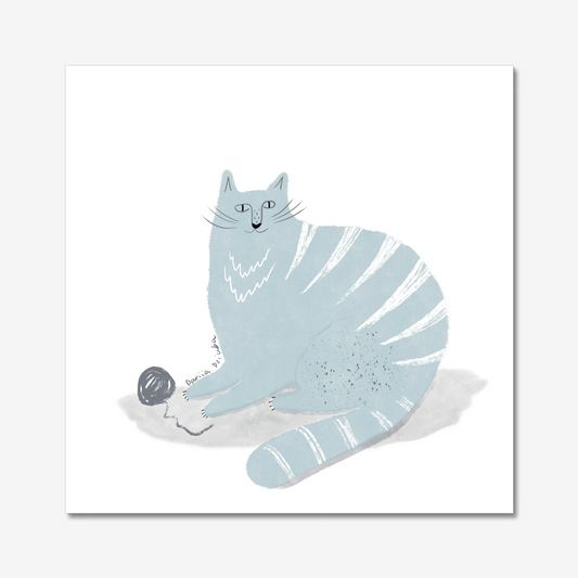 Cat art print: Blue cat and ball of yarn artwork