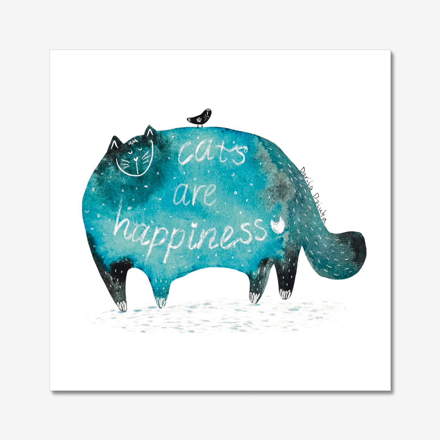 Cat art print: Blue cat with lettering saying Cats are happiness