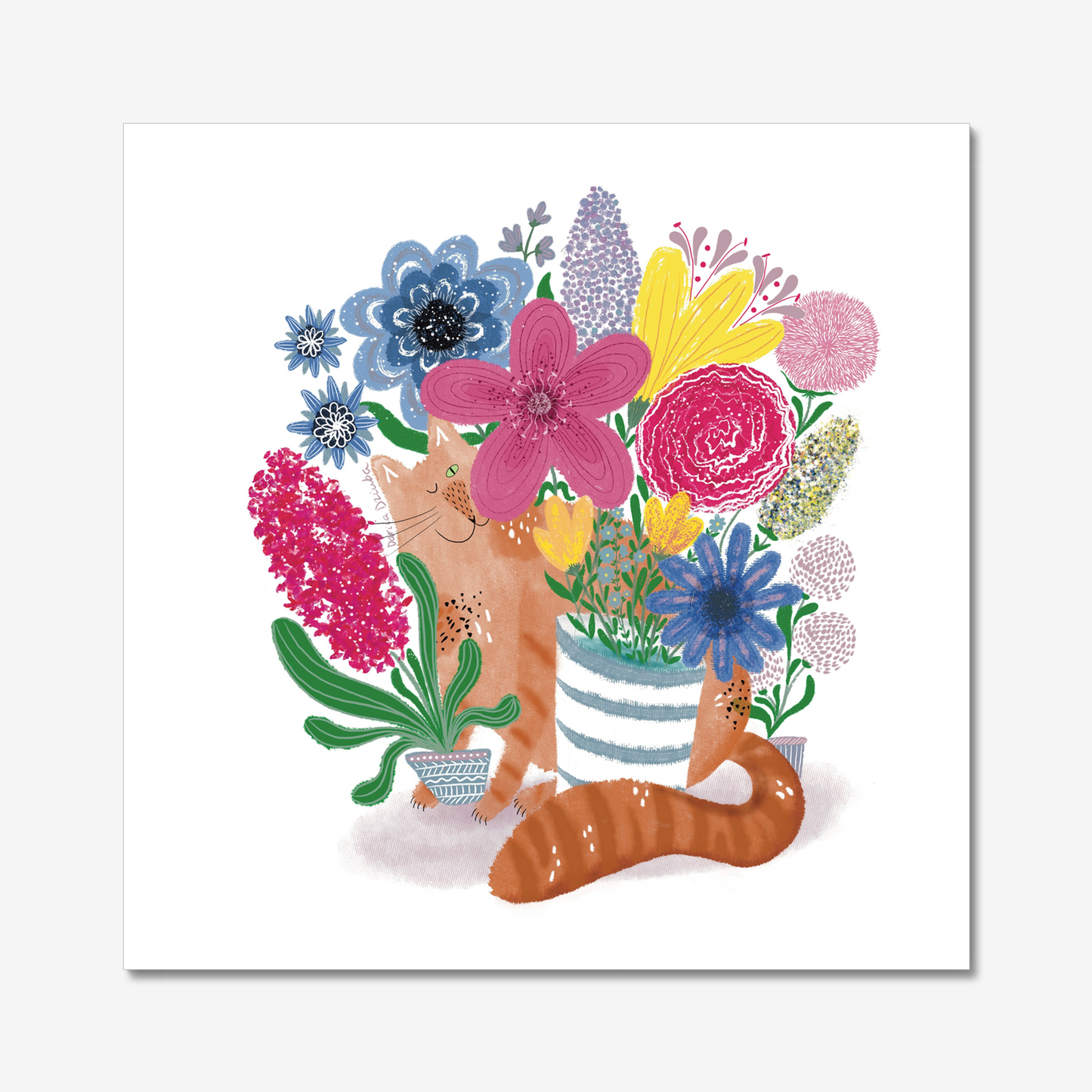 Cat art print: Cat and bouquet of flowers illustration artwork