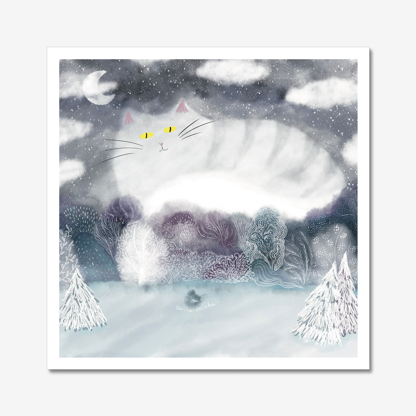 Cat art print: Winter cloud cat illustration artwork