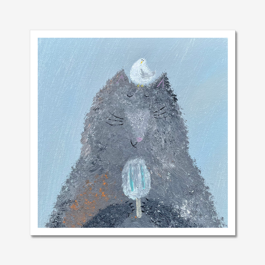 Cat print: Cat eating ice cream with seagull print/ illustration/ painting/ giclee unframed on paper 8,5"