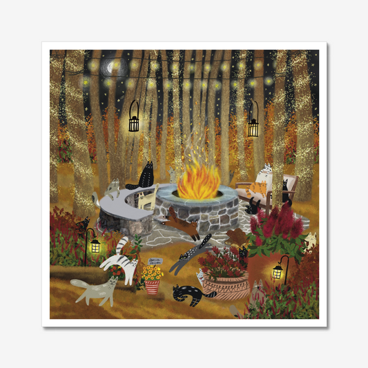 Cats at a Fire Pit in a Fall Forest Unframed Art Print