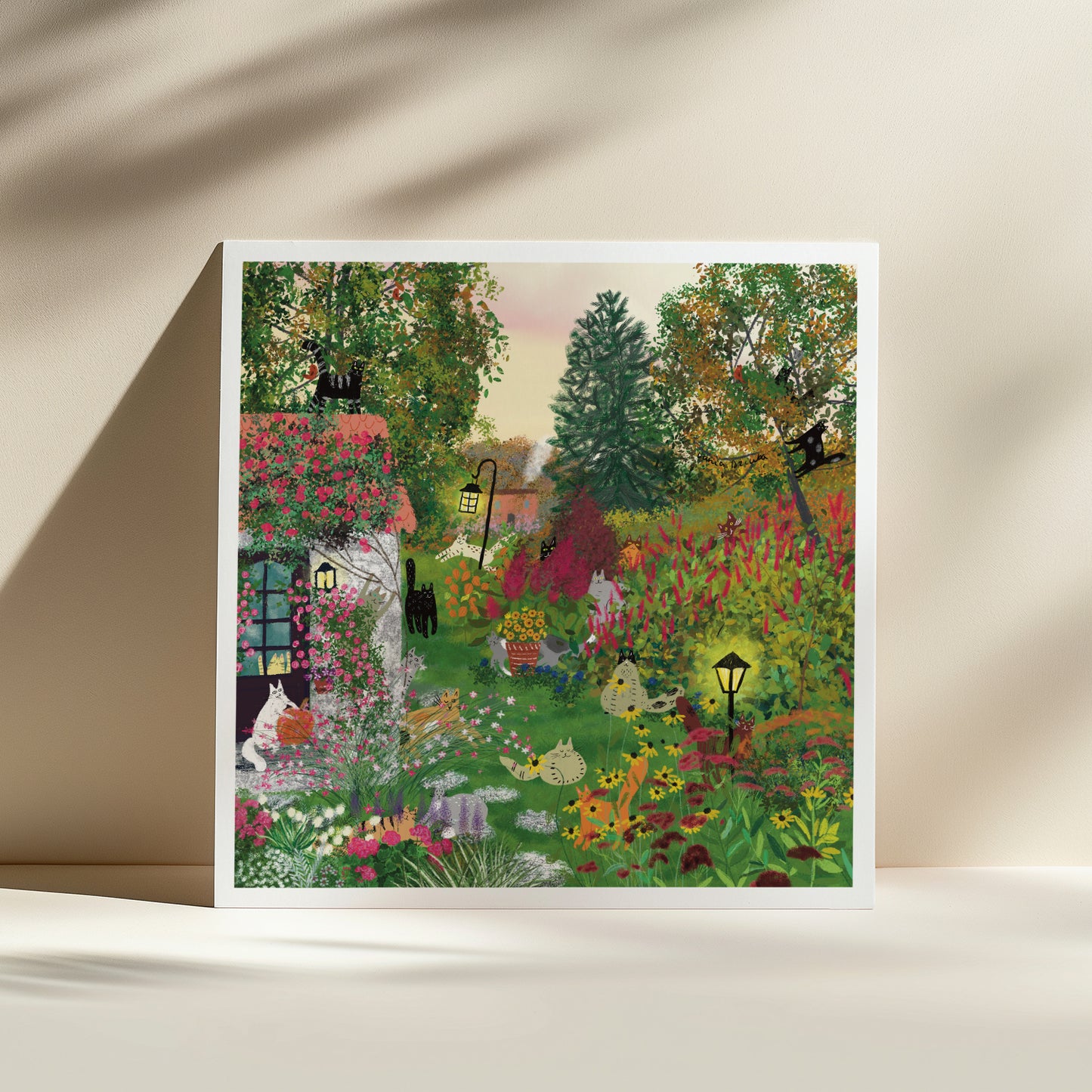 Cats in a Fall Garden at Sunset Unframed Art Print