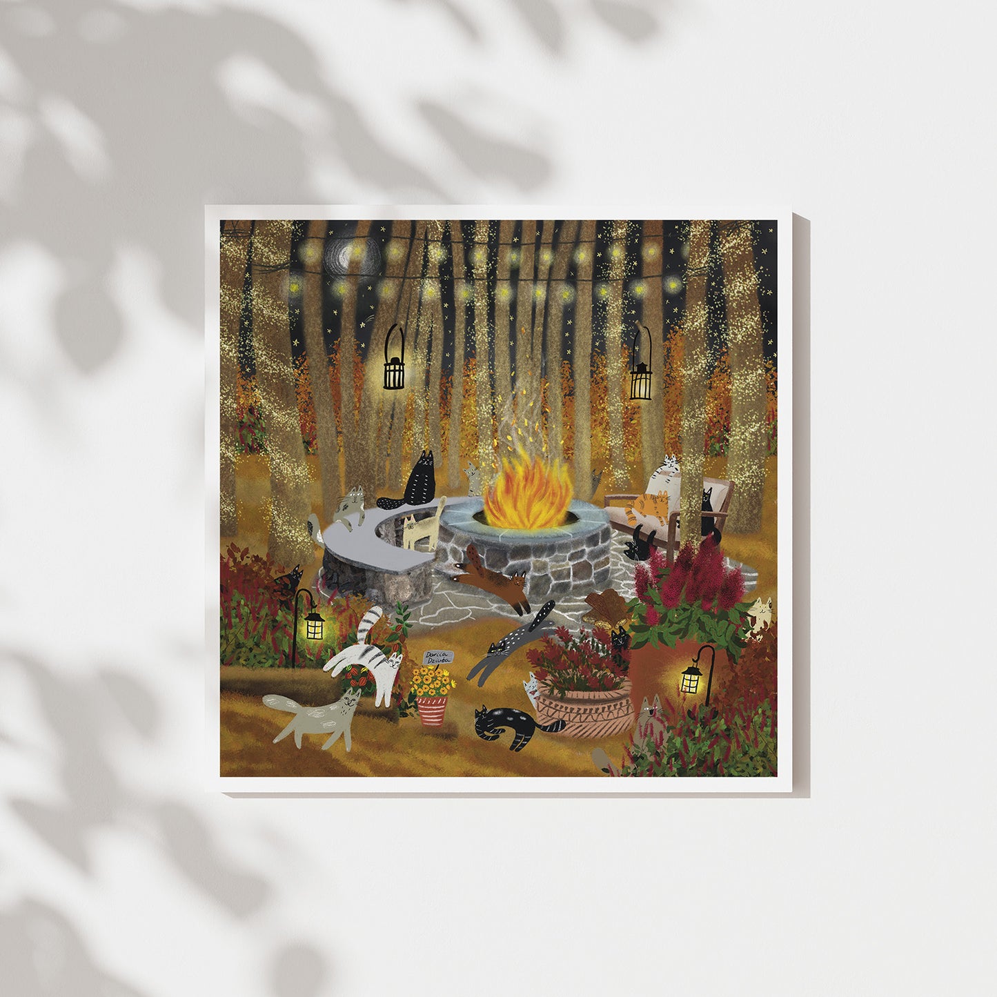 Cats at a Fire Pit in a Fall Forest Unframed Art Print