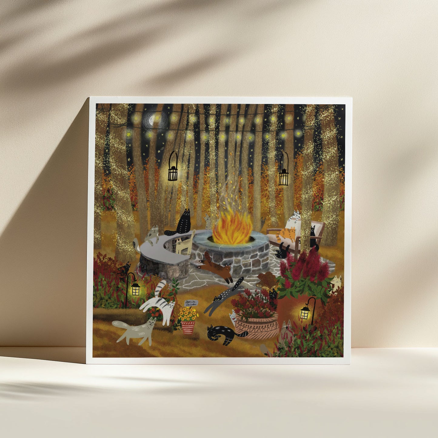 Cats at a Fire Pit in a Fall Forest Unframed Art Print