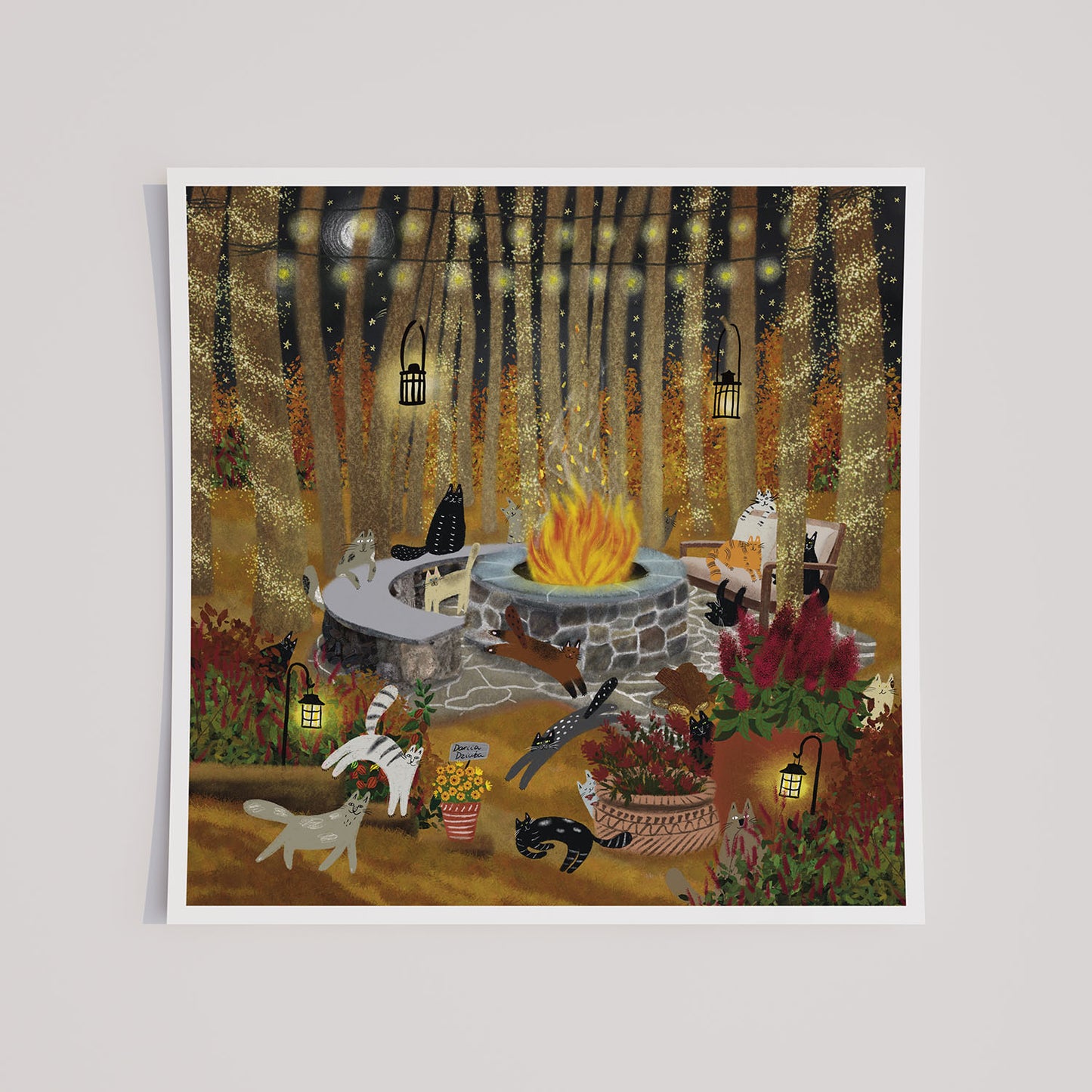 Cats at a Fire Pit in a Fall Forest Unframed Art Print