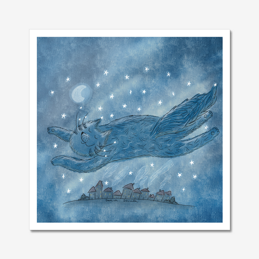 Cat art print: Blue cat flying over city and houses in dark sky