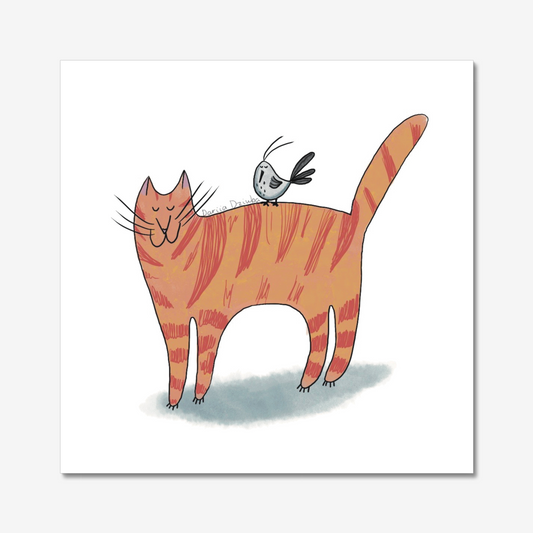 Cat art print: Orange tabby with bird on top