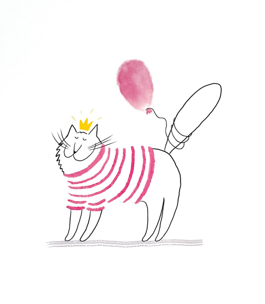 Cat art print: Happy cat with a balloon and crown giclee