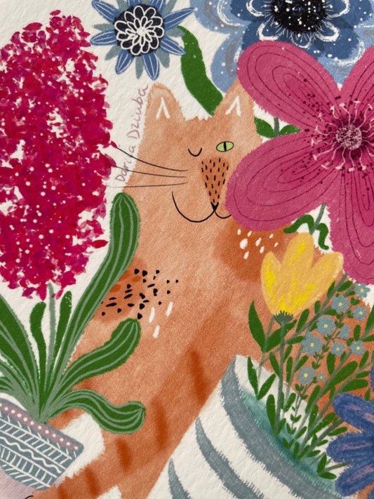 Cat art print: Cat and bouquet of flowers illustration artwork