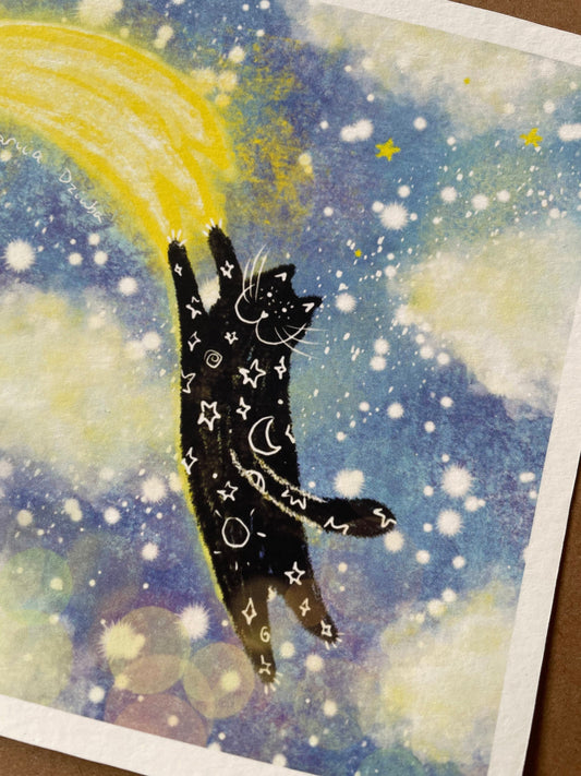 Cat art print: Black cat and star - dream big illustration artwork