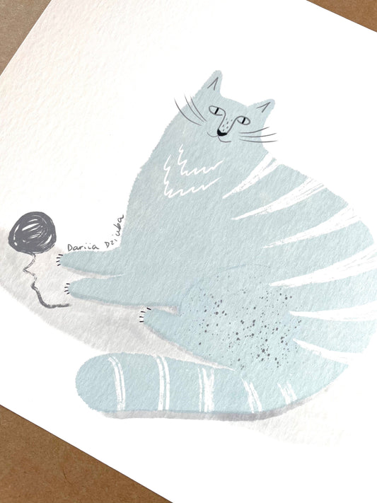 Cat art print: Blue cat and ball of yarn artwork