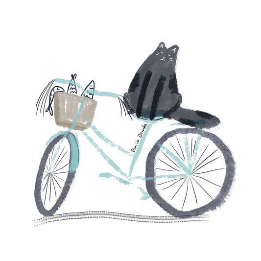 Cat art print: Cat on a bicycle doing groceries