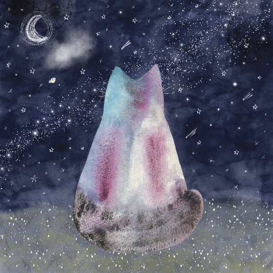 Cat art print: Cat watching Milky Way and Galaxies and shooting stars