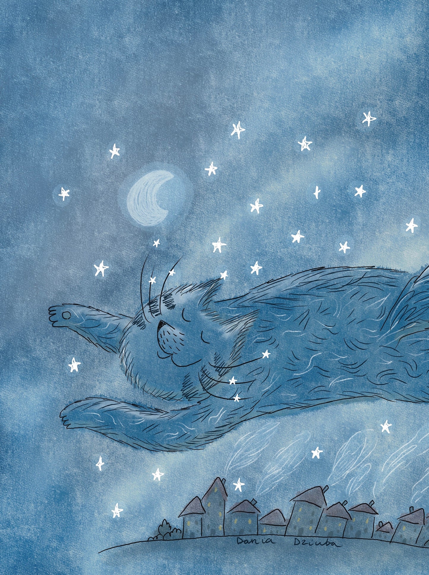 Cat art print: Blue cat flying over city and houses in dark sky