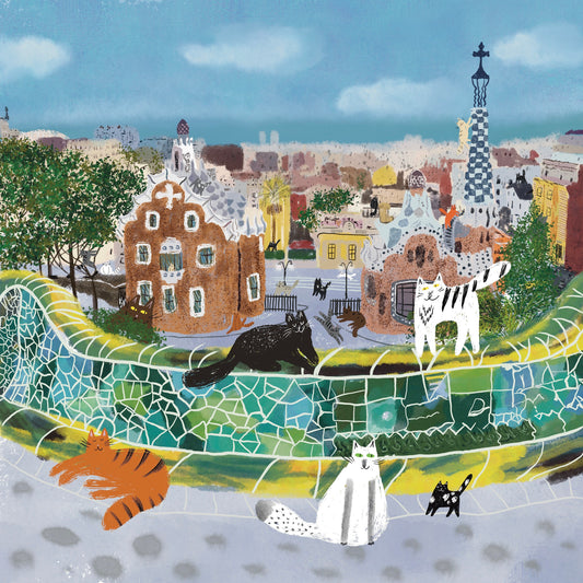 Cat art print: Cats in Barcelona (Gaudi park) illustration artwork