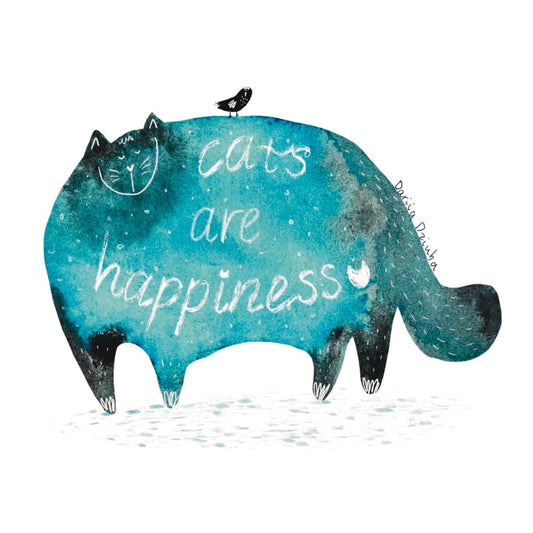 Cat art print: Blue cat with lettering saying Cats are happiness