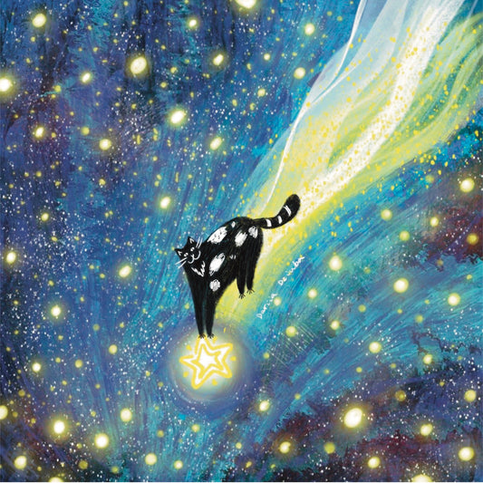 Cat art print: Cat riding a shooting star in starry sky