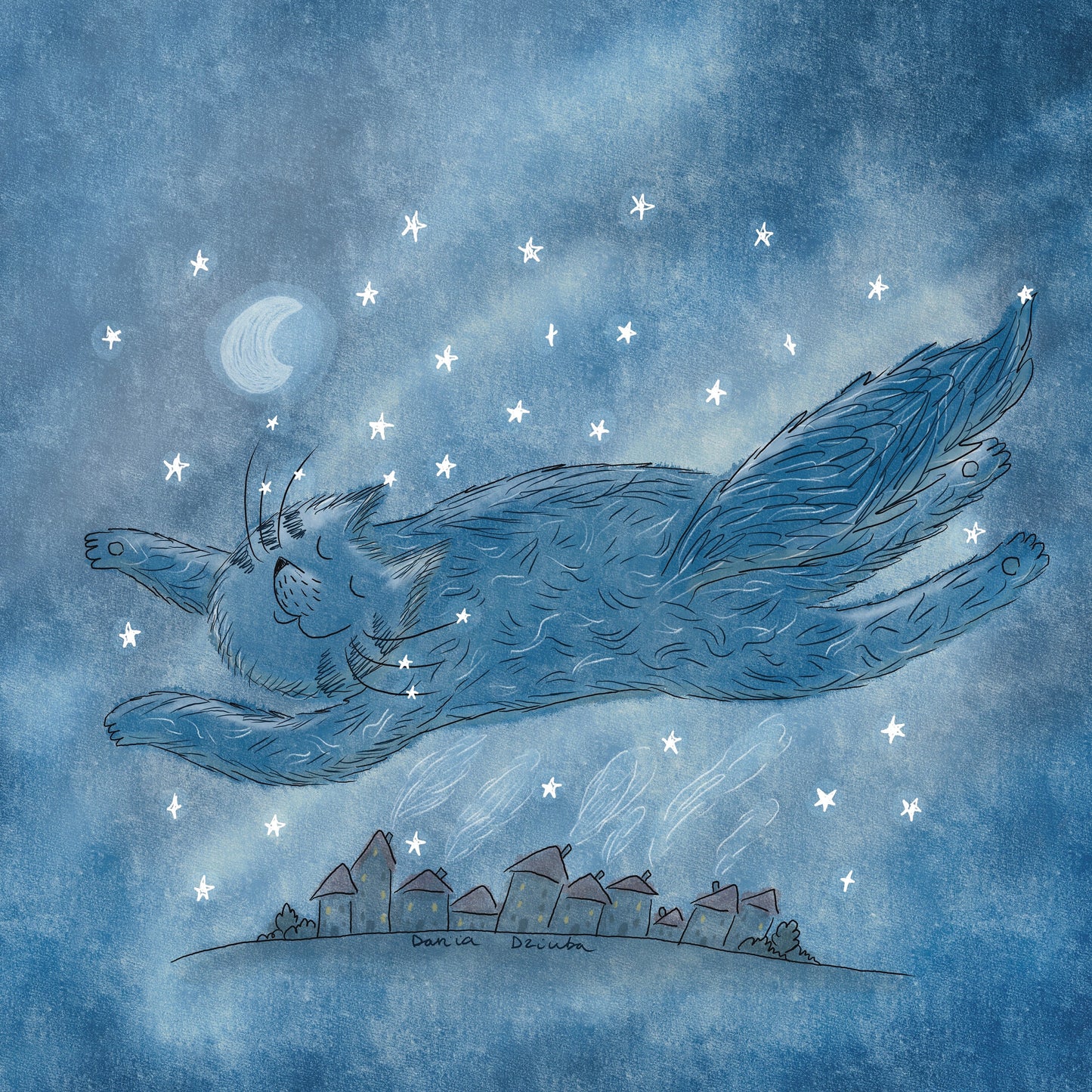 Cat art print: Blue cat flying over city and houses in dark sky