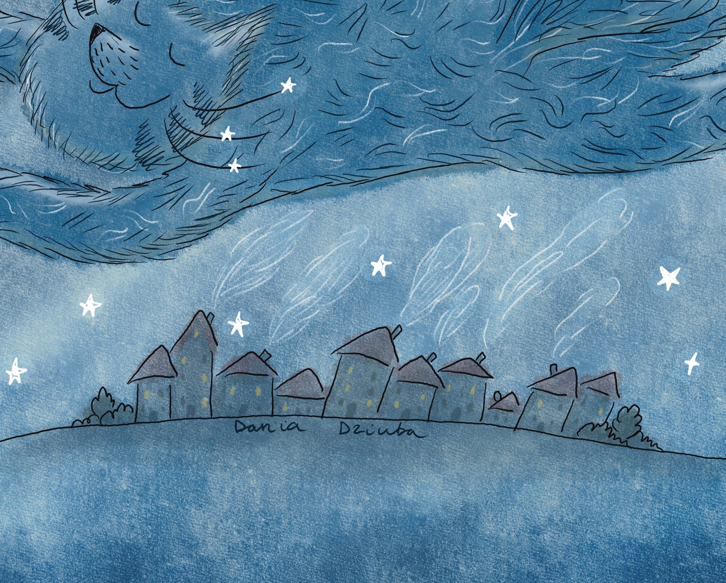 Cat art print: Blue cat flying over city and houses in dark sky