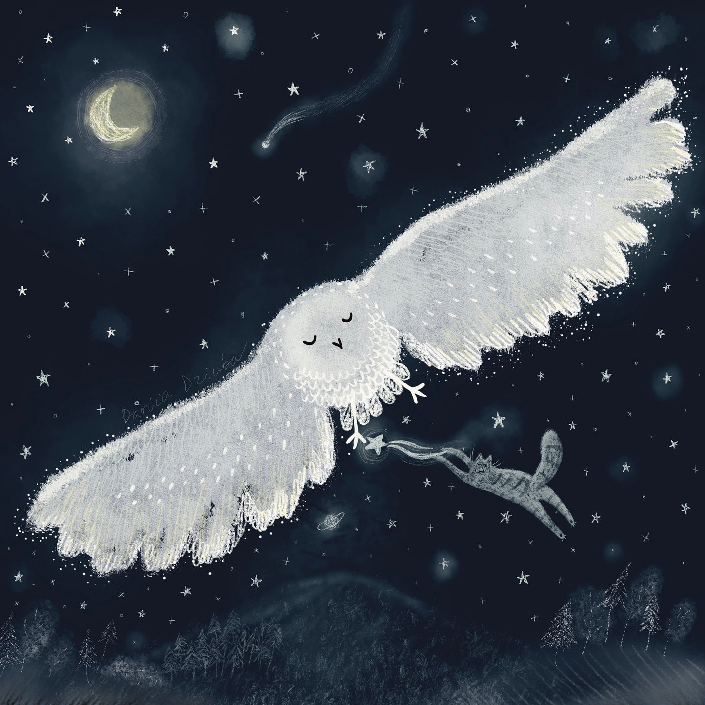 Cat art print: Cat stealing stars in the night sky while riding an owl illustration