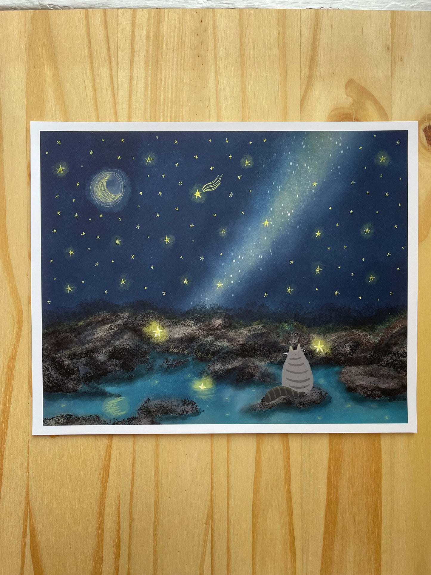 Cat print: Make a wish upon a shooting star/ cute cat illustration/ painting/ giclee unframed on paper 8.5x10.5"