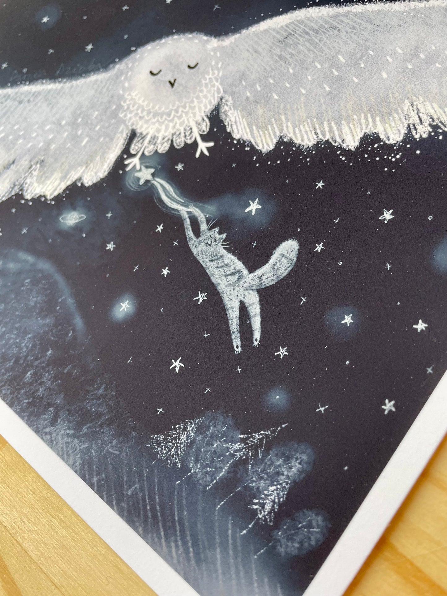 Cat art print: Cat stealing stars in the night sky while riding an owl illustration