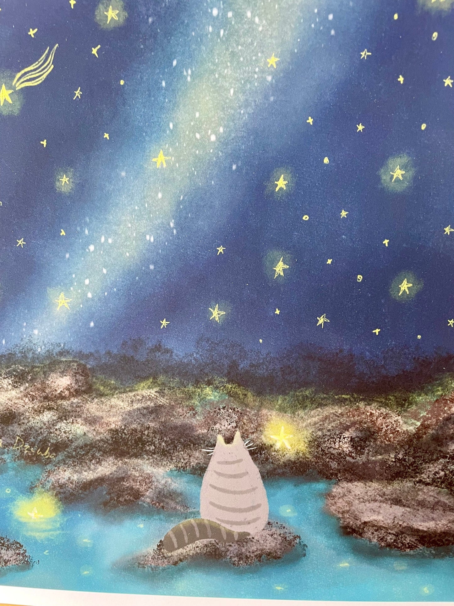 Cat print: Make a wish upon a shooting star/ cute cat illustration/ painting/ giclee unframed on paper 8.5x10.5"