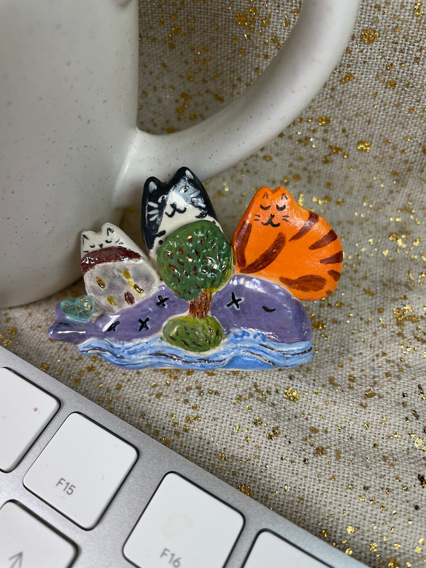 Cats on whale: Handmade ceramic cat figurine