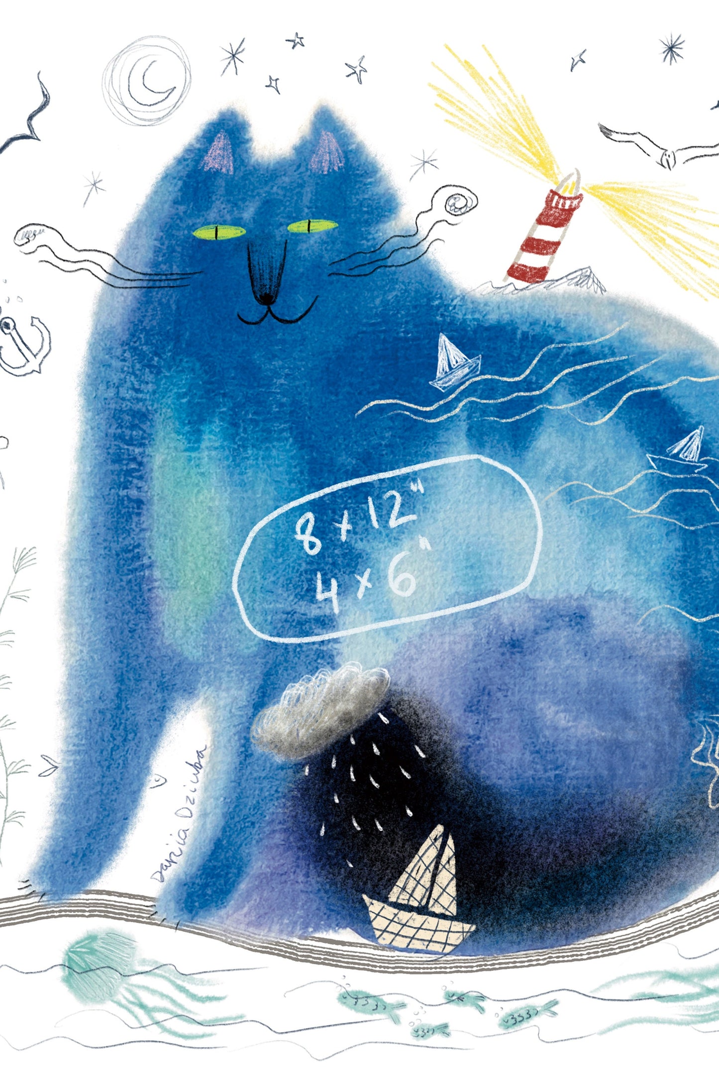 Cat art print: Cat ocean/ Cat artwork/ Wall hangings/ Paper art print/ Cat lover gift/ Sea doodle/ Cat watercolour painting