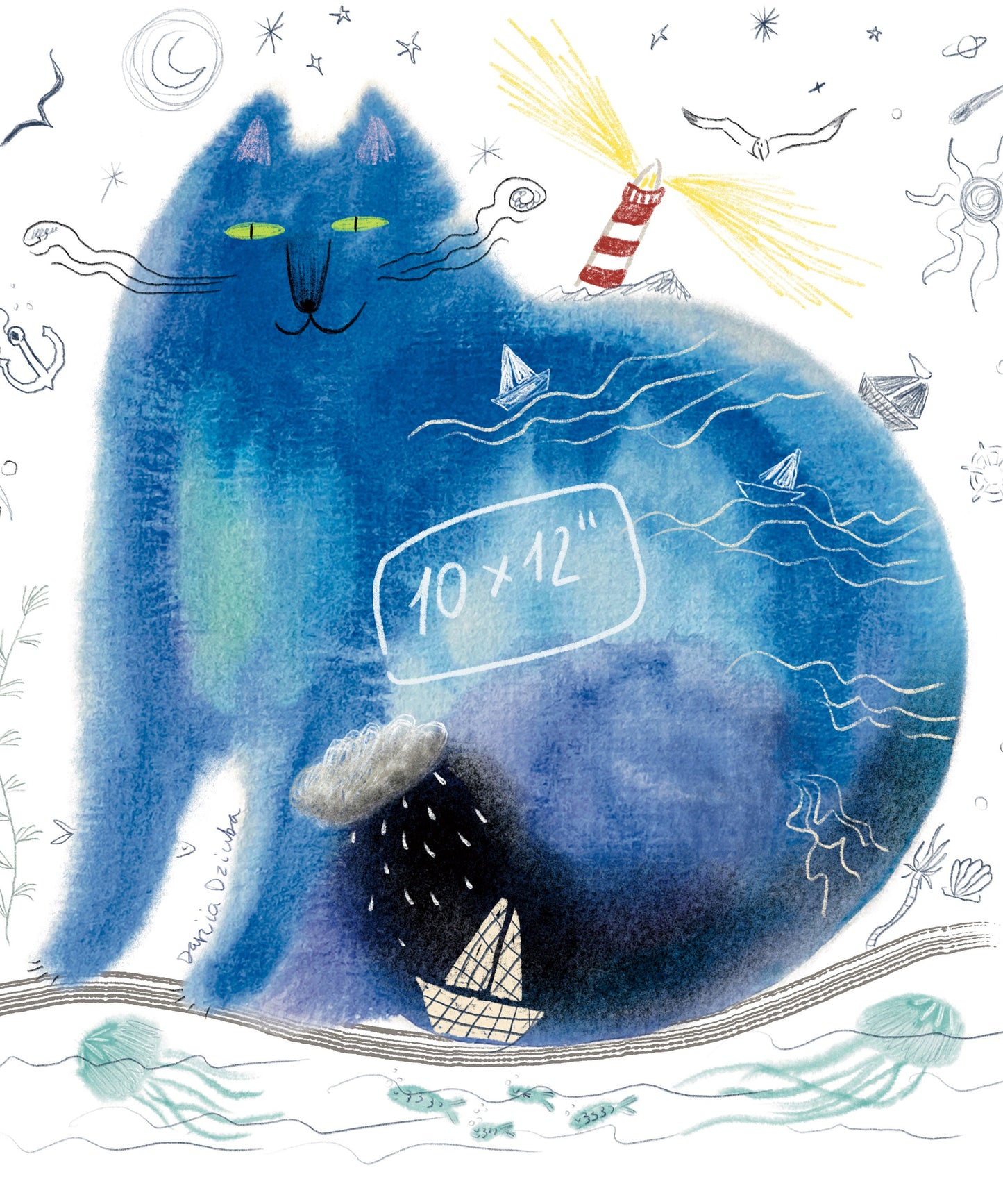 Cat art print: Cat ocean/ Cat artwork/ Wall hangings/ Paper art print/ Cat lover gift/ Sea doodle/ Cat watercolour painting