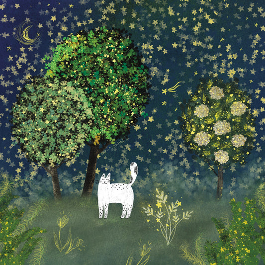 Cat art print: Cat in starry garden