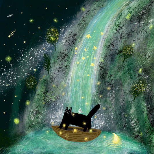 Cat art print: Cat on boat in front of starry waterfall