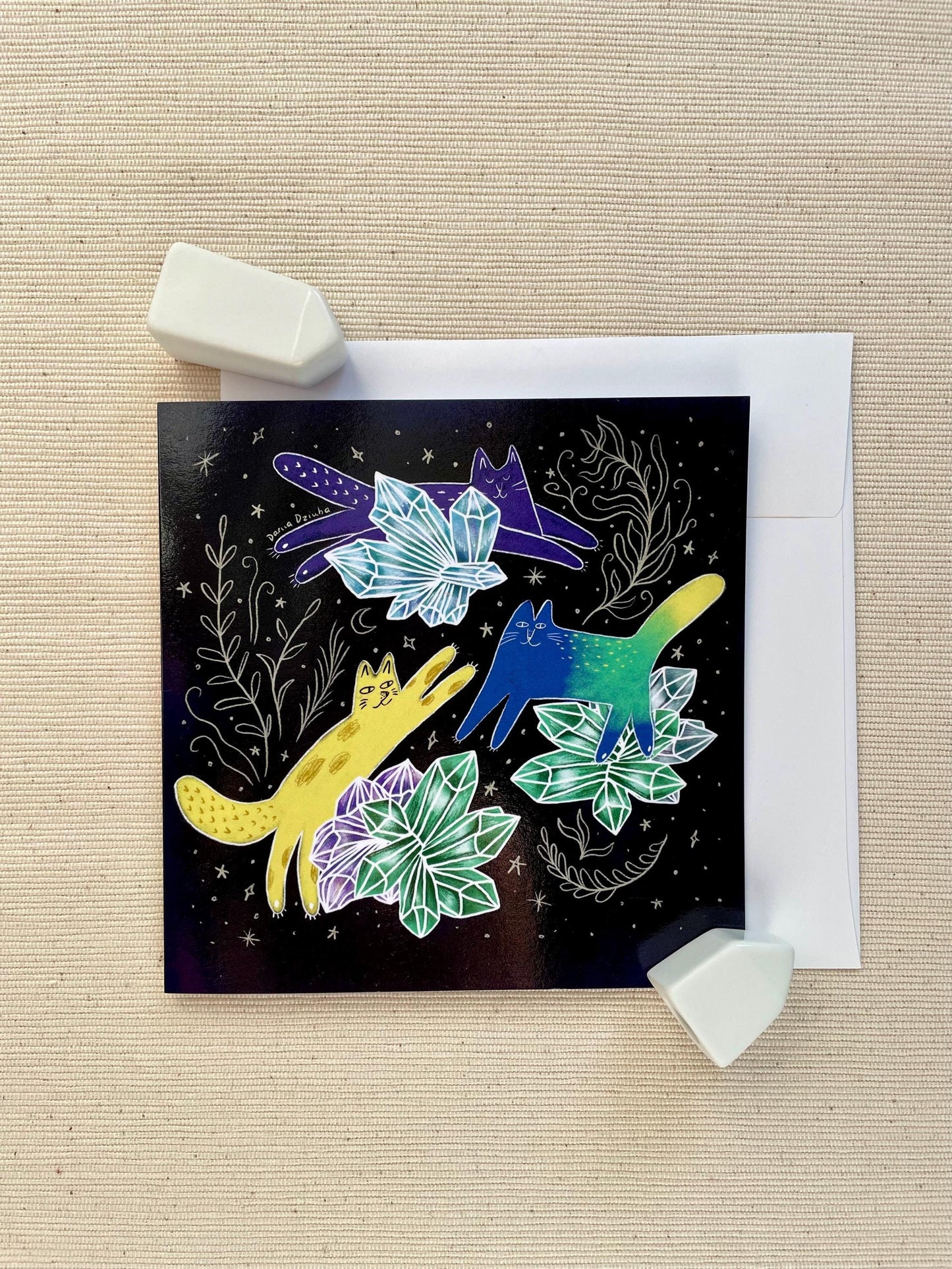 Crystal Cats Greeting Card - 5"x5" (13x13 cm) - Playful Cats with Crystals Under Starry Sky - Perfect for Any Occasion, Blank Inside