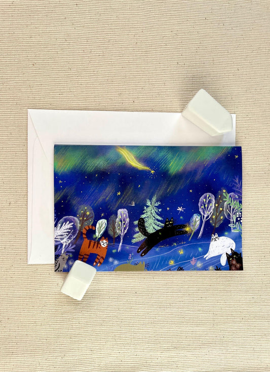 Magical Night Cats Greeting Card - 4”x8” (10x20 cm) - Playful Cats Under a Starry Sky with Aurora - Blank Inside, Perfect for Any Occasion