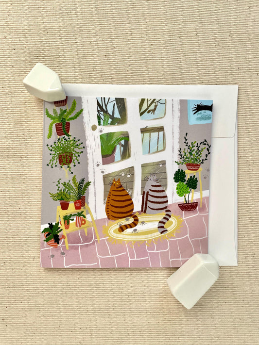 Patios and Paws: Cats and Plants - Whimsical Cat & Plant Greeting Card, 5x5" (12.7x12.7 cm)