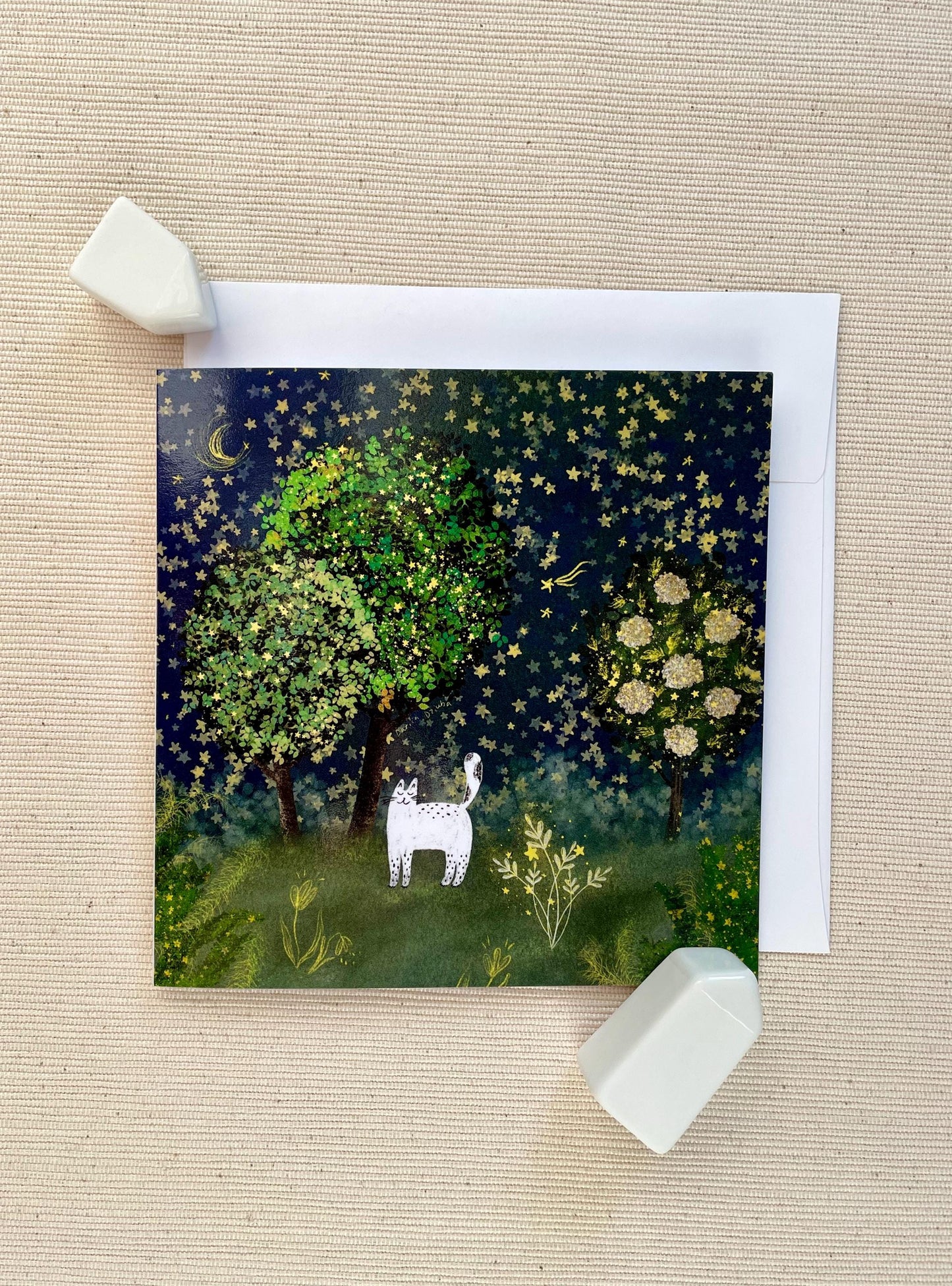 Starry Night Whiskers: A Celestial Feline Adventure - Enchanting Cat Under the Stars Greeting Card, 5x5" (12.7x12.7 cm)