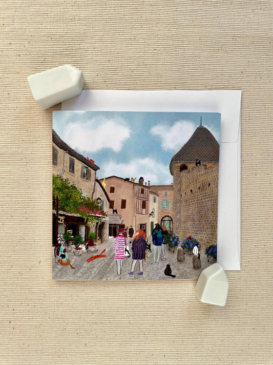 Charming Village Life: A Day in the Courtyard - Picturesque Town Square Greeting Card, 5x5" (12.7x12.7 cm)